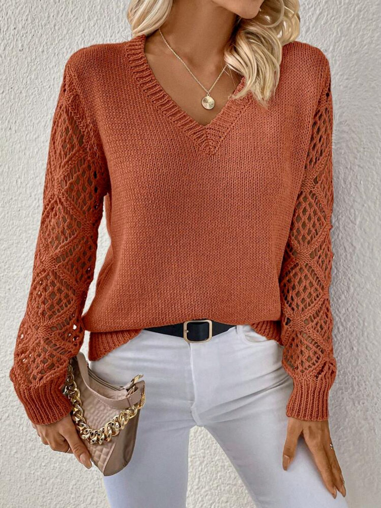 Solid V-neck Pullover Sweater